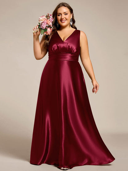 Plus Size Satin Empire Waist Maxi Bridesmaid Dress with Pockets