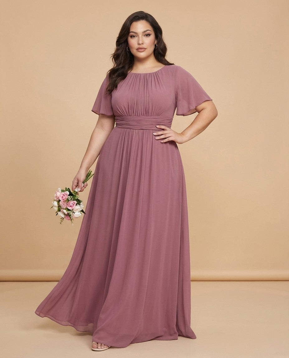 Petaline Plus Size Short Sleeve Chiffon Bridesmaid Dress N0322