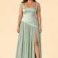Plus Size Bridesmaid Dress with Pleated Satin and Lace Up Open Back