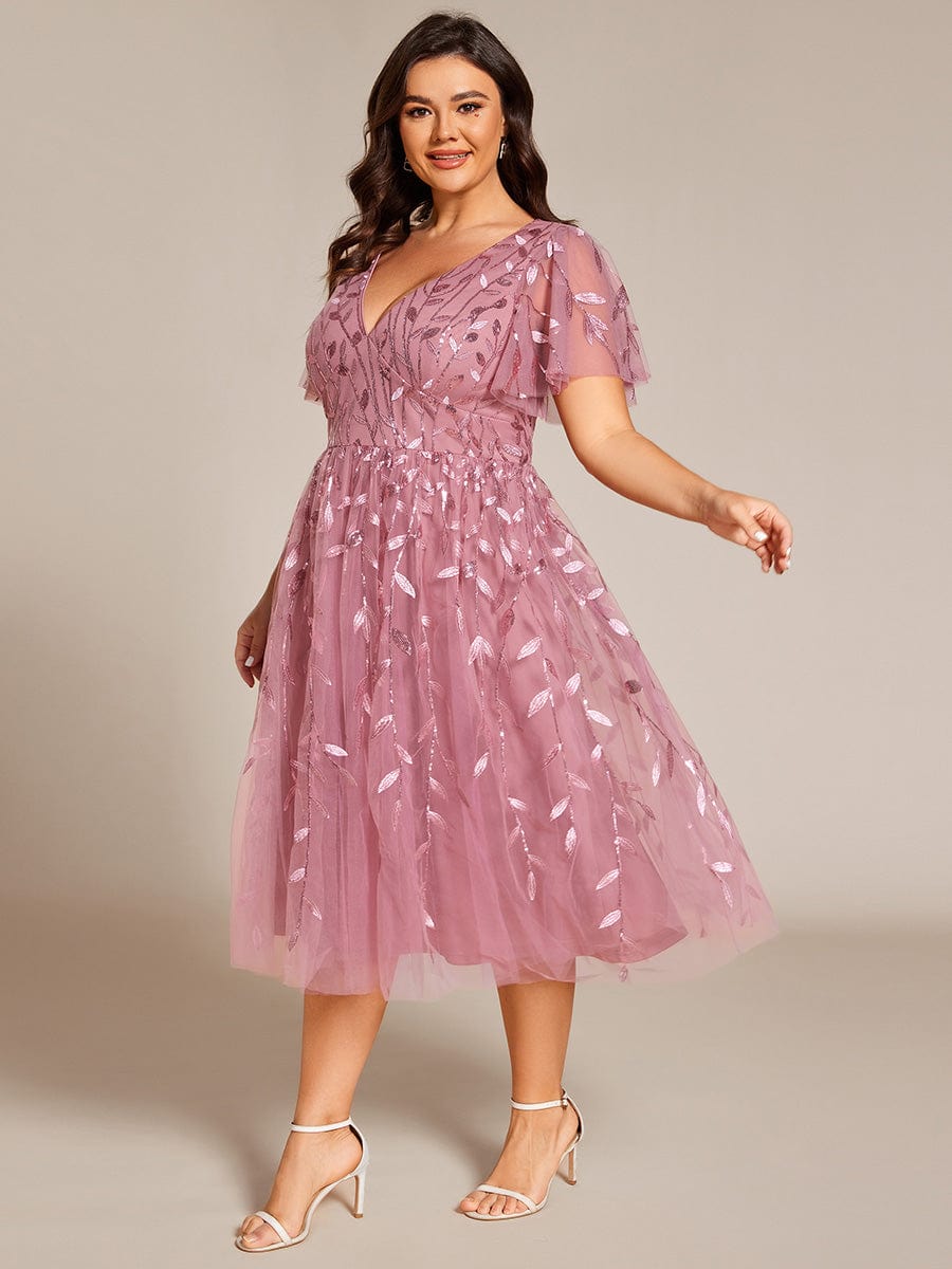 Plus Size Sparkly A-Line Midi Tulle Formal Wedding Guest Dress with Leaf Sequin