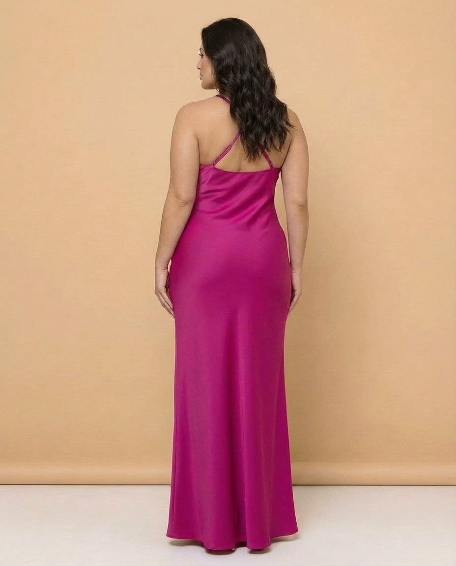 Silvarelle Elegant Stretch Satin Plus Size Bridesmaid Dress with Lace Trim for Weddings - N0359