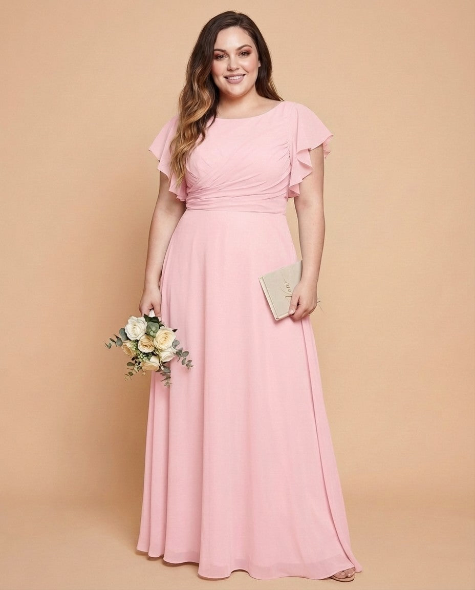 Avenleigh Plus Size Half Sleeve Pleated Chiffon A-Line Bridesmaid Dress for Wedding Party - N0338