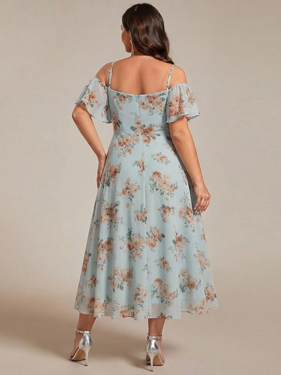 Plus Size Cold Shoulder Sweetheart Necklin Chiffon Midi Wedding Guest Dress