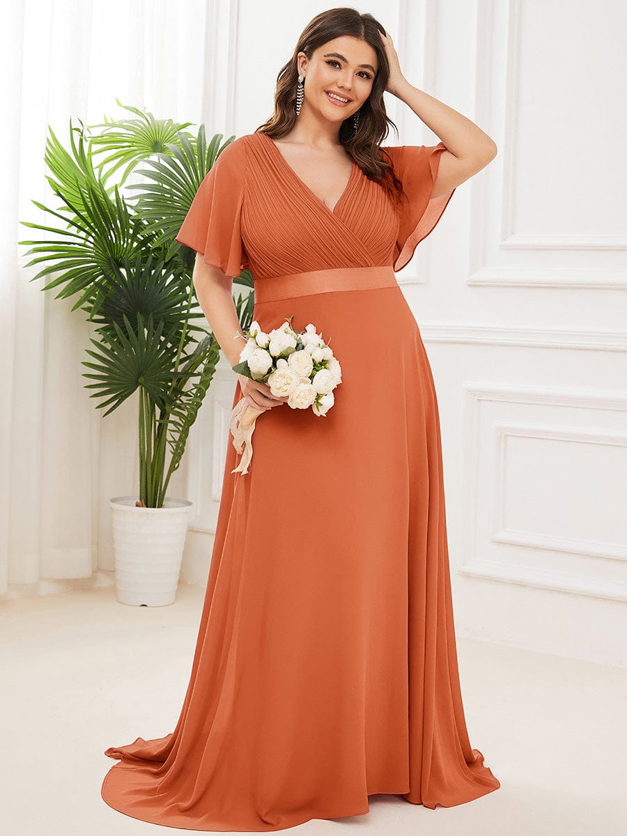 Plus Size Simple Empire Waist Flutter Sleeve Evening Dress
