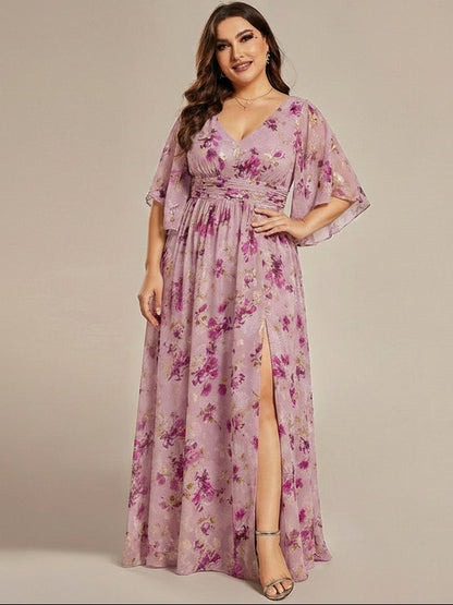 Plus Size Half Sleeve Pleated A-Line V-Neck Chiffon Bridesmaid Dress