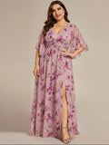 Plus Size Half Sleeve Pleated A-Line V-Neck Chiffon Bridesmaid Dress