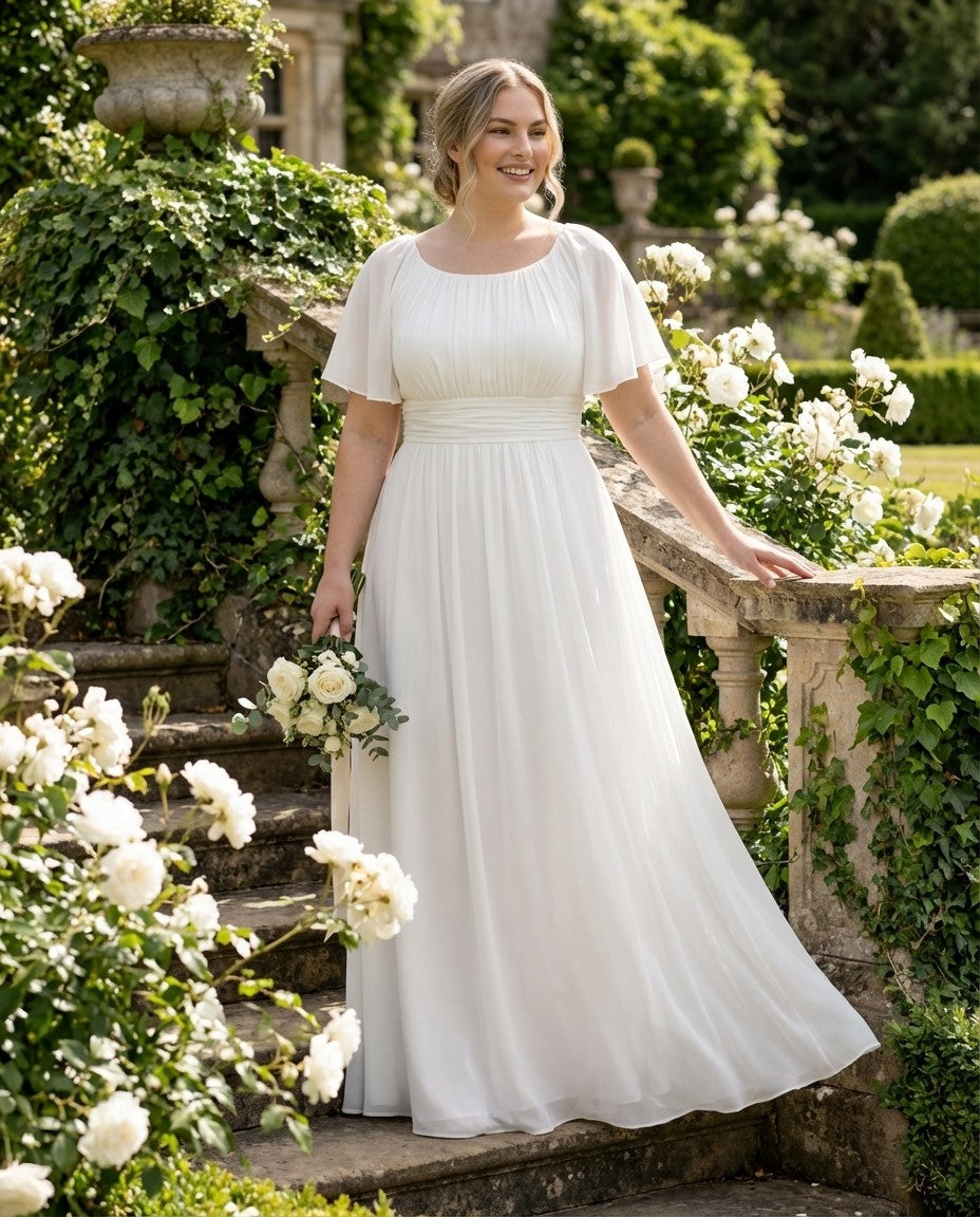Petaline Plus Size Chiffon A-Line Bridesmaid Gown with Short Flutter Sleeves N0326