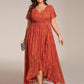 Plus Size Short Sleeve Ruffled V-Neck A-Line Lace Wedding Guest Dress