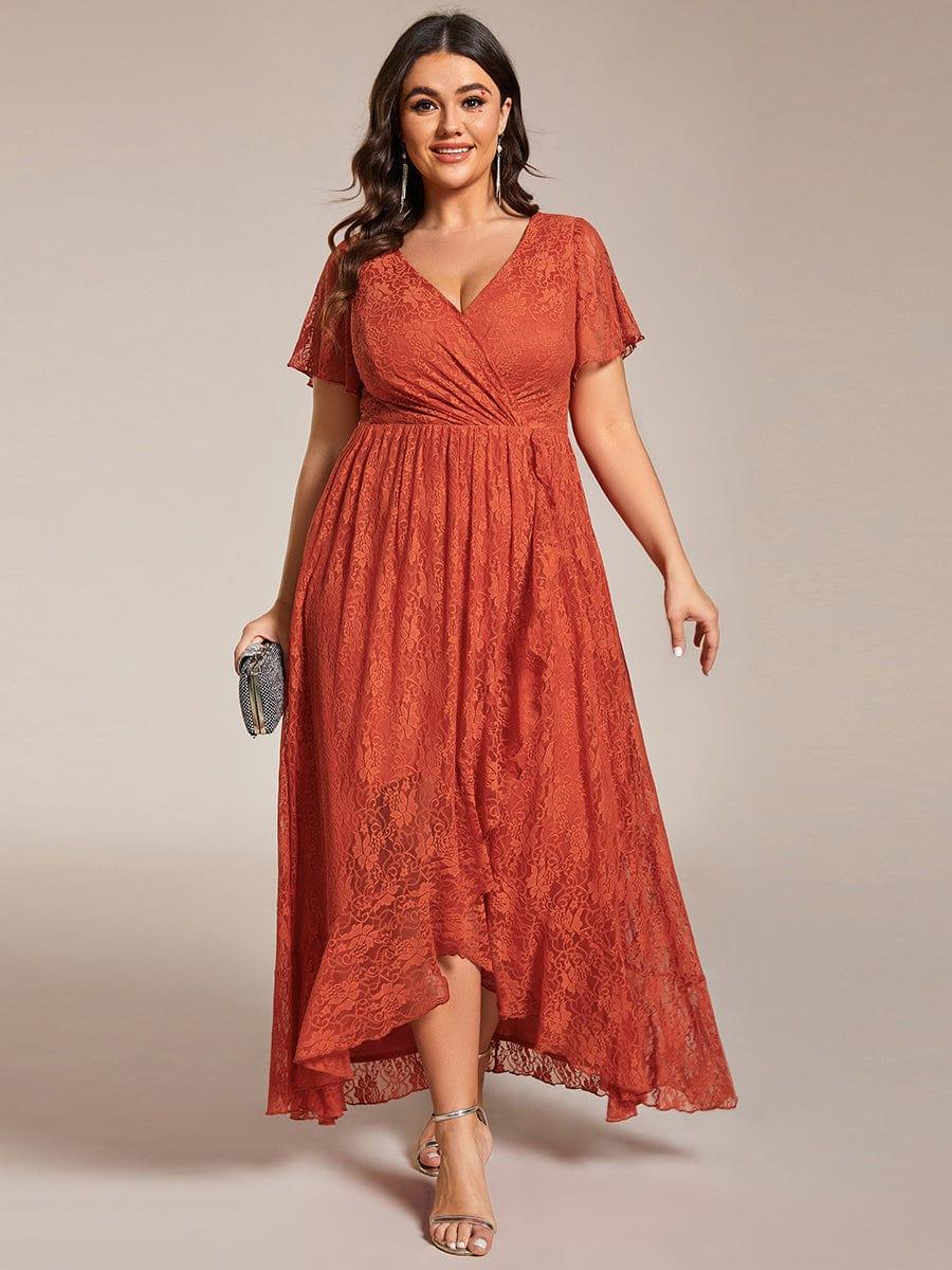 Plus Size Short Sleeve Ruffled V-Neck A-Line Lace Wedding Guest Dress