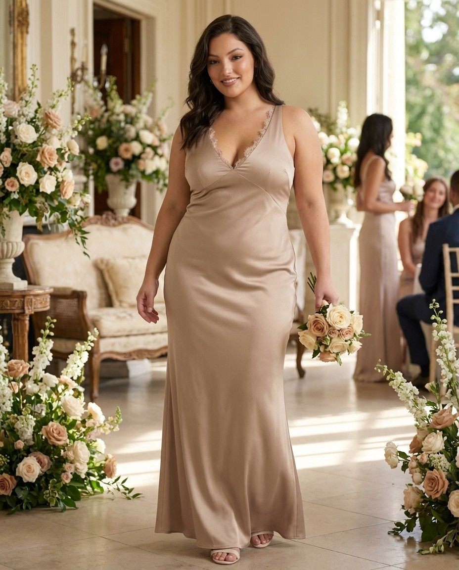 Silvarelle Luxe Sheath Plus Size Bridesmaid Dress with Stretch Satin Fabric for Weddings - N0362