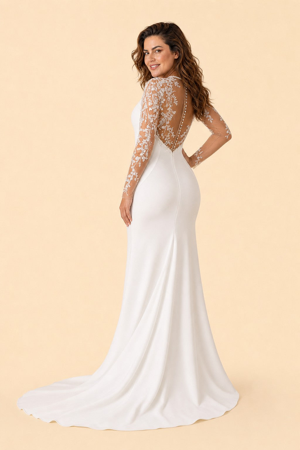 Plus Size Mermaid Wedding Dress with Lace Sleeves and Illusion Back