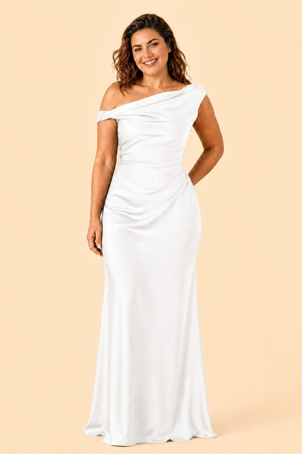 Floor Length Stretch Satin Bridesmaid Gown with Asymmetrical Neckline