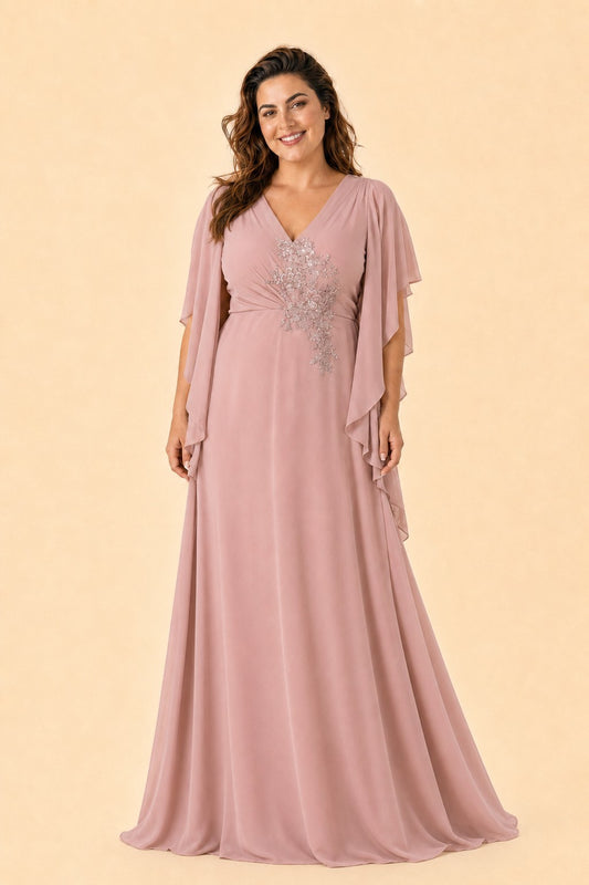 Plus Size Chiffon Bridesmaid Dress with Embroidered Batwing Sleeves