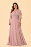 Plus Size Chiffon Bridesmaid Dress with Embroidered Batwing Sleeves
