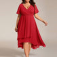 Plus Size Chiffon Short Sleeves Pleated V-Neck A-Line Midi Wedding Guest Dress