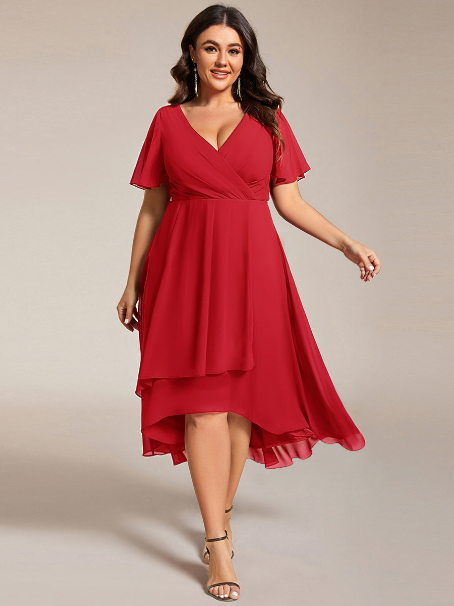 Plus Size Chiffon Short Sleeves Pleated V-Neck A-Line Midi Wedding Guest Dress