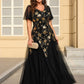 Plus Size Floral Embroidered Sequin Ruffle Sleeve Tulle Evening Dress