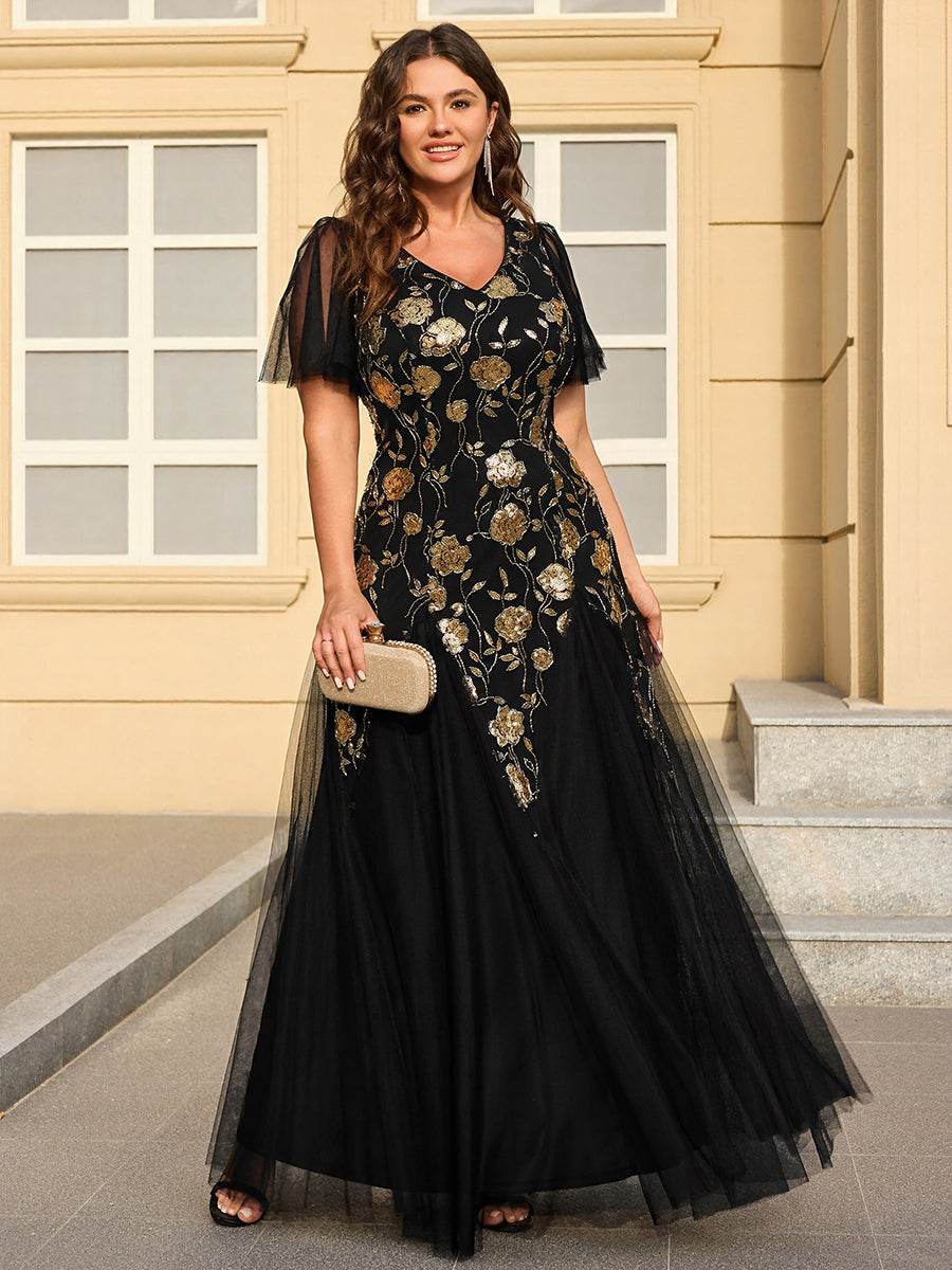 Plus Size Floral Embroidered Sequin Ruffle Sleeve Tulle Evening Dress