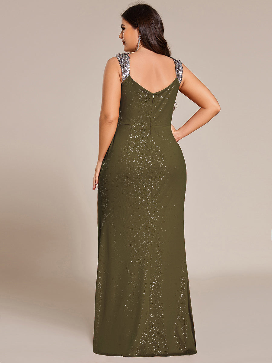 Plus Size Sequin Shoulder Strap Wedding Guest Dress with Side Slit