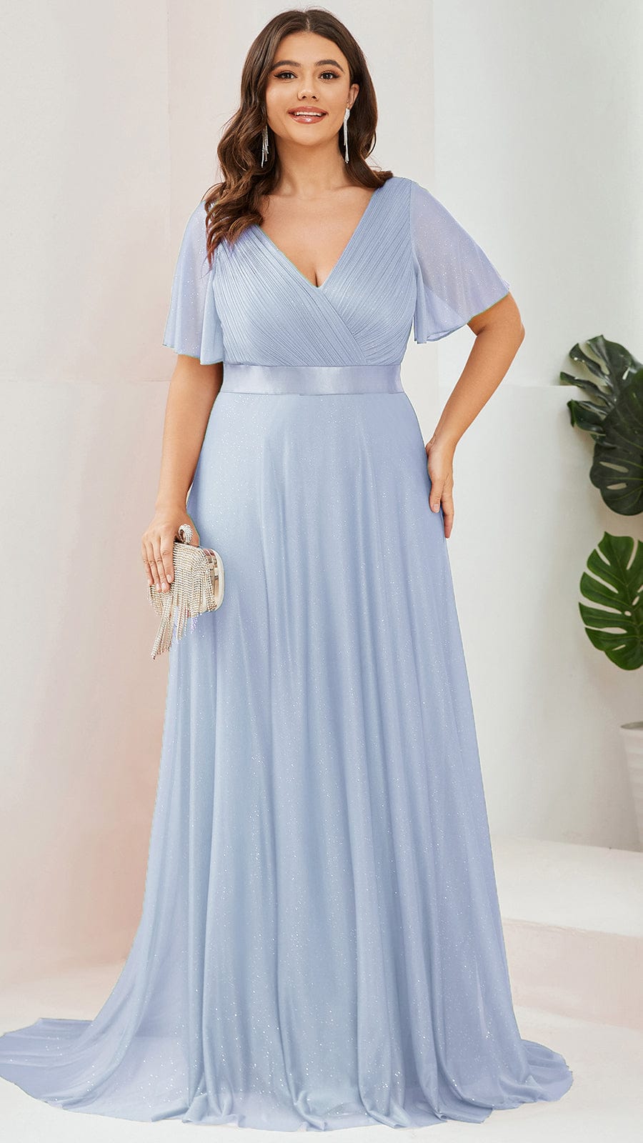 Plus Size V Neck Ribbon Waist Formal Evening Dress With Sleeves