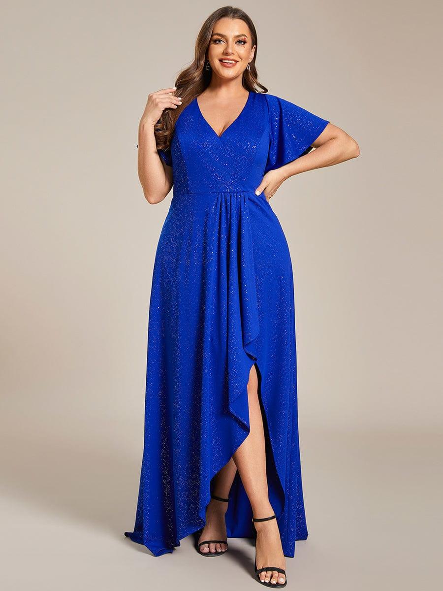 Plus Size Glitter Ruffled High-Low Front Slit Evening Dress