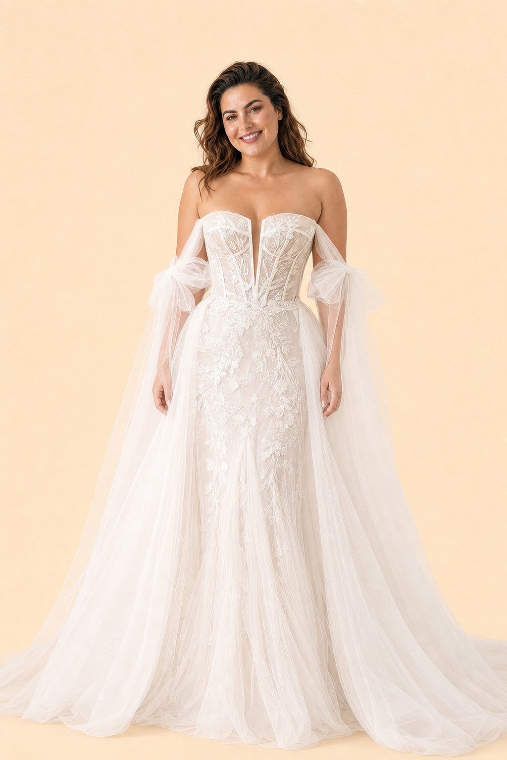 Plus Size Bridal Gown Off Shoulder with Removable Skirt Romantic Bow Detail
