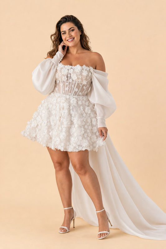 Feminine White A Line Bridal Dress Off Shoulder Detachable Train and 3D Floral Accents