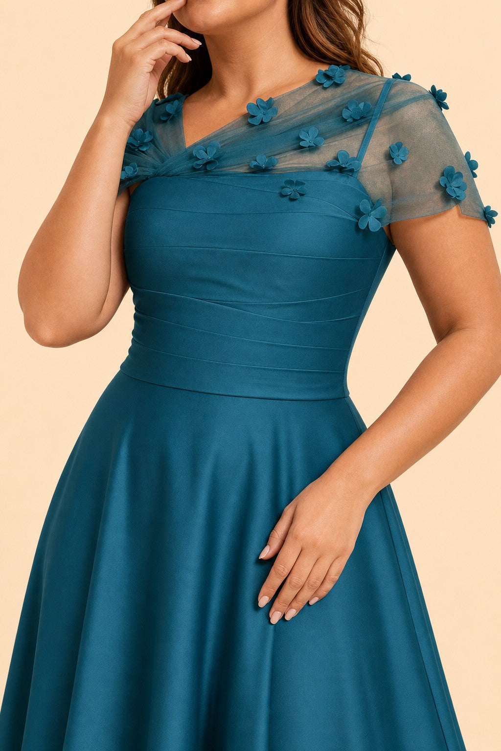 Plus Size Backless A-Line Formal Gown with Floral Appliqué and Satin Skirt