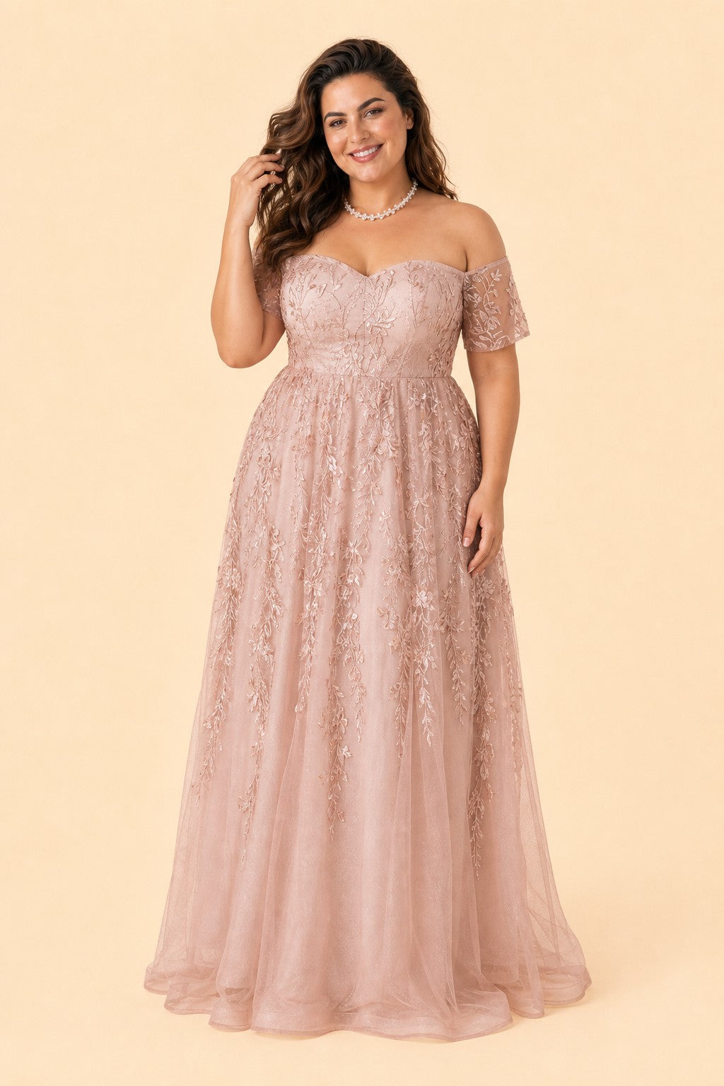 Plus Size A-Line Bride or Bridesmaid Dress with Floral Embroidered Tulle