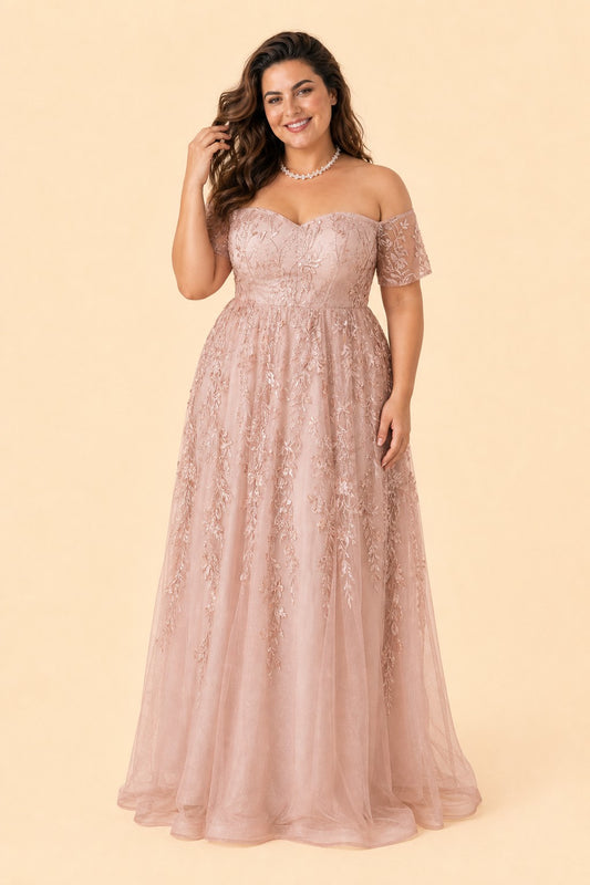 Plus Size A-Line Bride or Bridesmaid Dress with Floral Embroidered Tulle