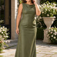 Floor Length Plus Size Bridesmaid Dress Pleated Detail Deep Cowl Back Stretch Satin