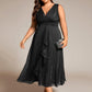 Plus Size Sleeveless Glittery Ruffled V-Neck Midi Wedding Guest Dress