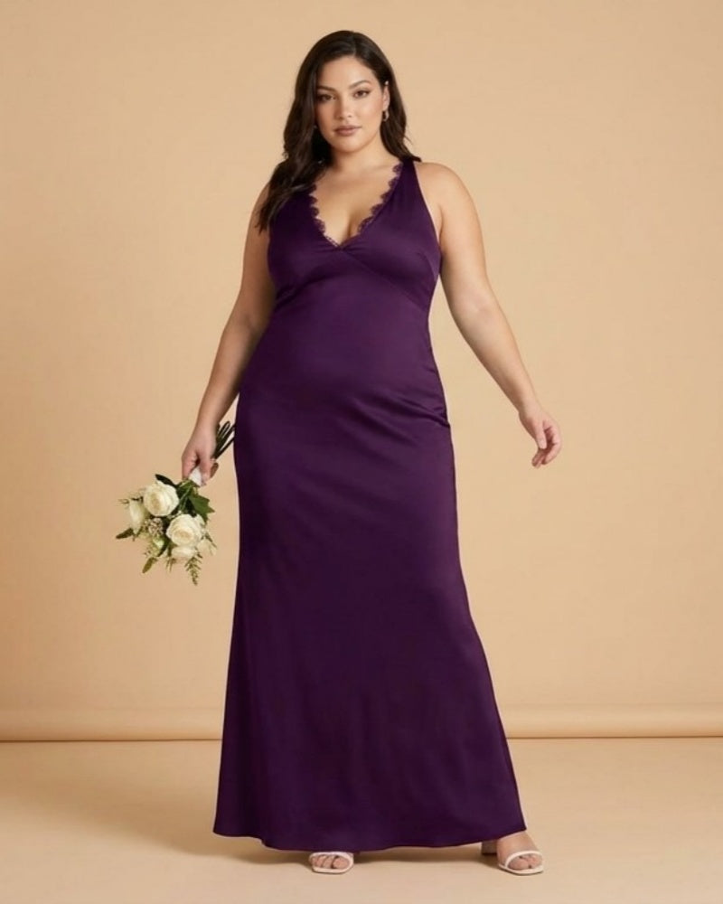 Silvarelle Plus Size Flowy Feminine Evening Gown, Straight Back Sheath Dress for Wedding Engagement Parties -N0360