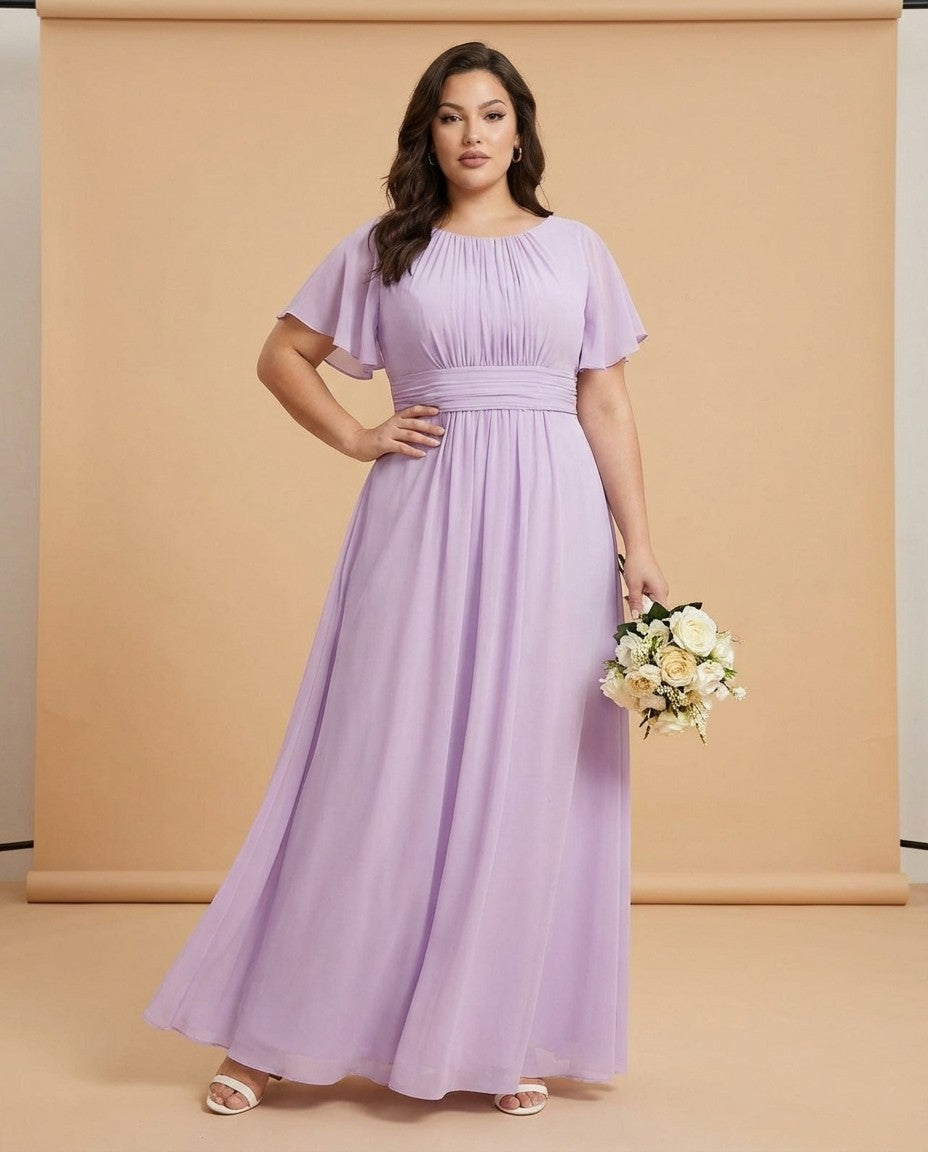 Petaline Plus Size Short Sleeve Chiffon Bridesmaid Dress N0322