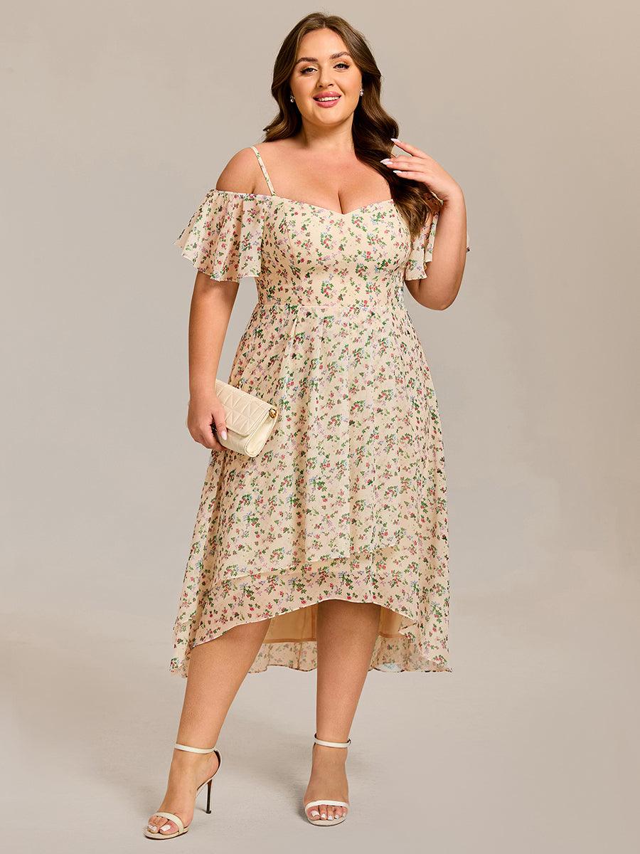 Plus Size Cold Shoulder Sweetheart Necklin Chiffon Midi Wedding Guest Dress