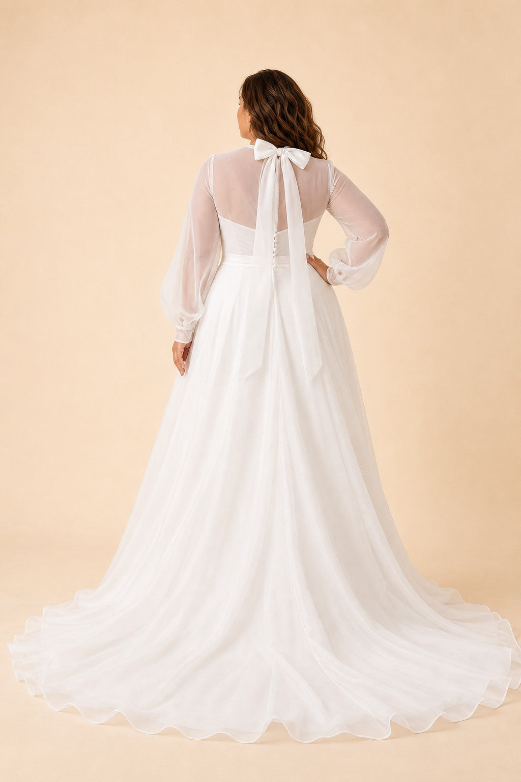 Minimalist Plus Size Wedding Gown with Sheer Long Sleeves