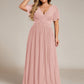 Plus Size V-Neck Glittery Short Sleeves Formal Evening Dress with Empire Waist