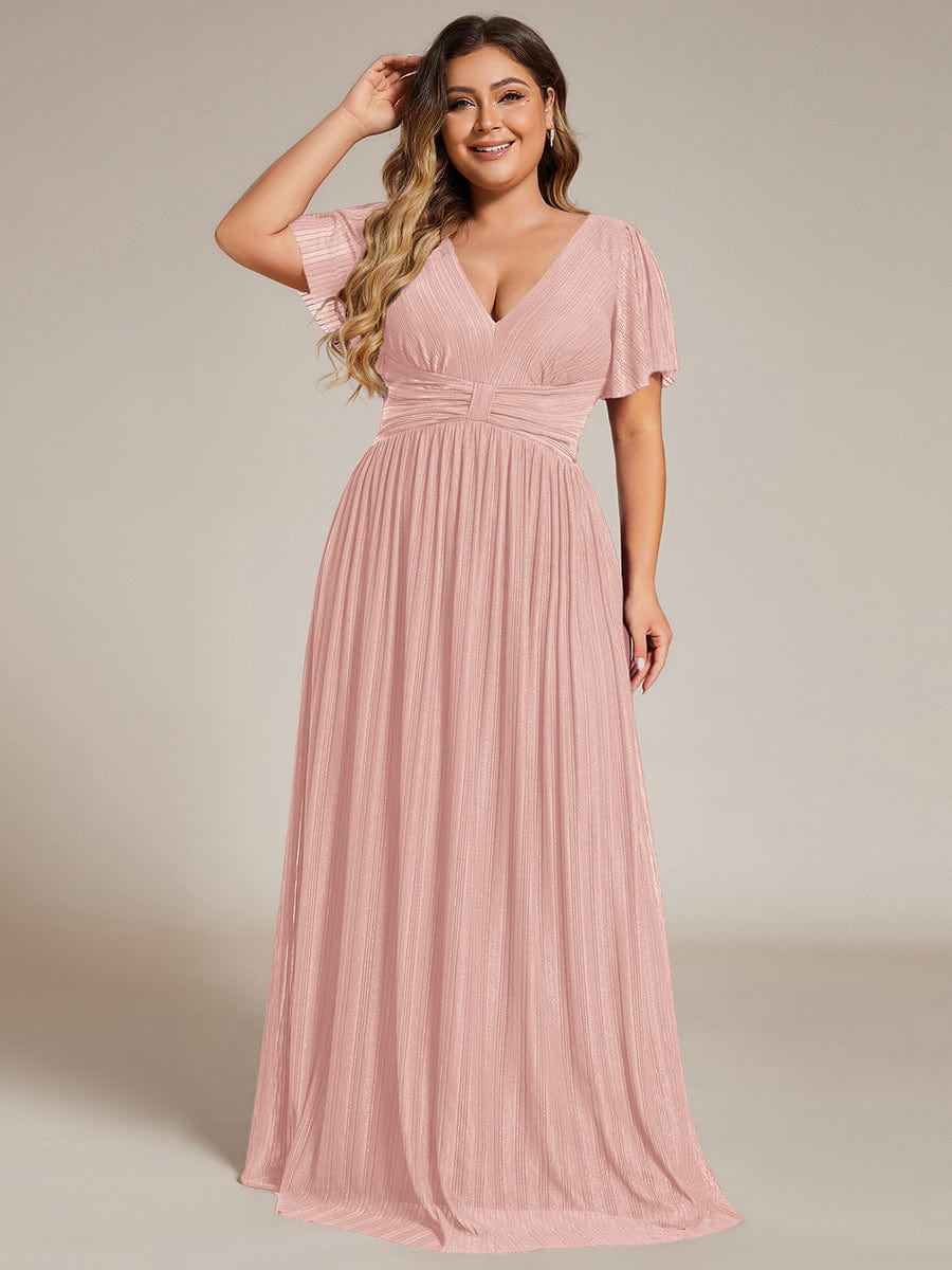 Plus Size V-Neck Glittery Short Sleeves Formal Evening Dress with Empire Waist