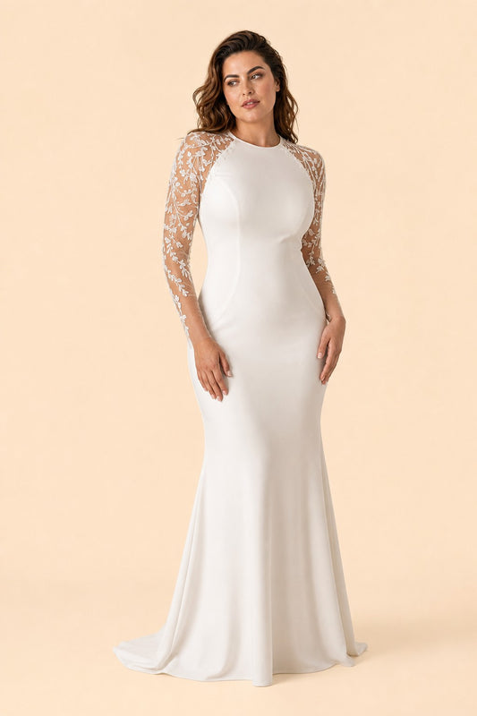 Plus Size Mermaid Wedding Dress with Lace Sleeves and Illusion Back