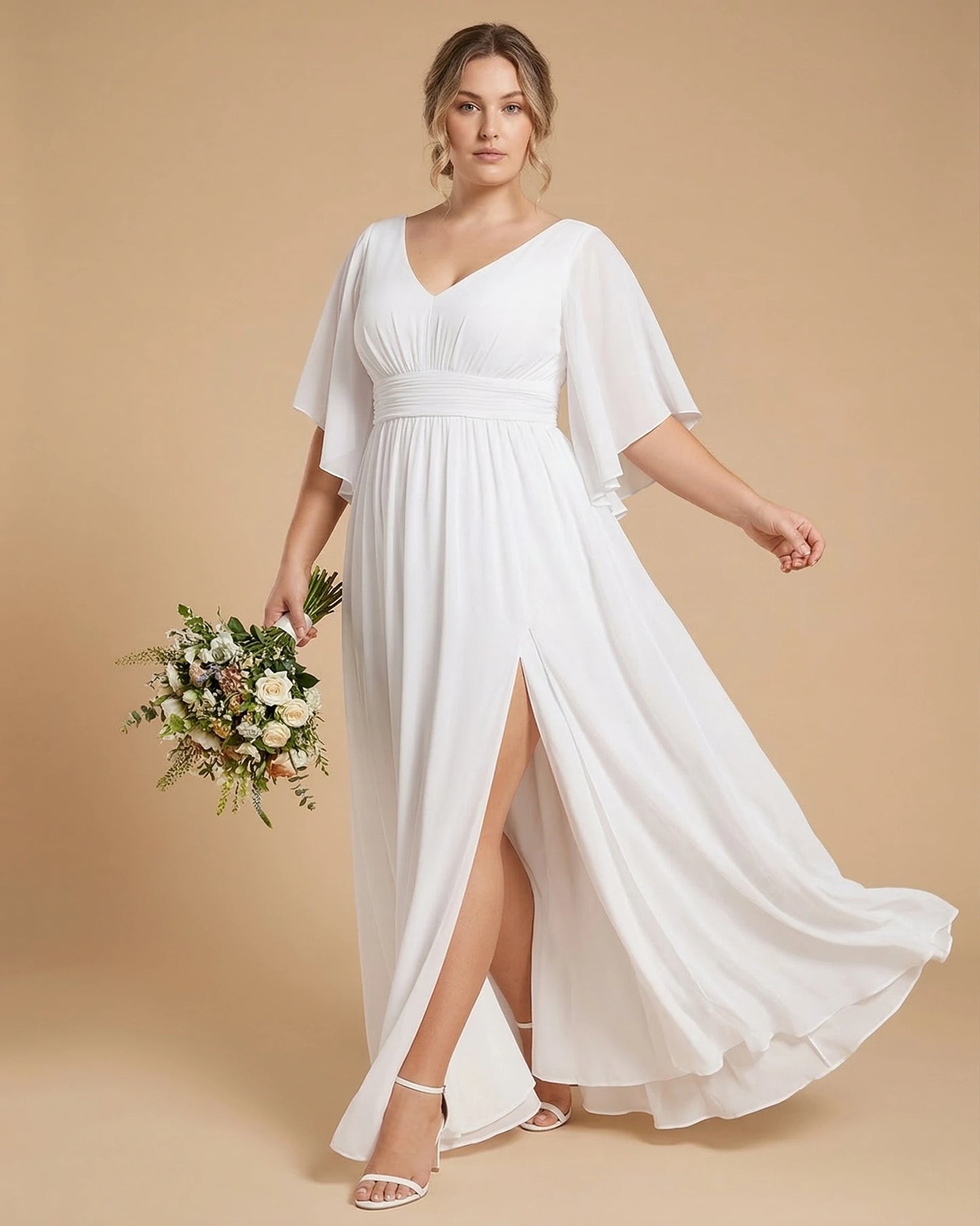 Petaline Romantic Plus Size A-Line Bridesmaid Dress with V-Neck Pleated Chiffon - for Weddings N0301
