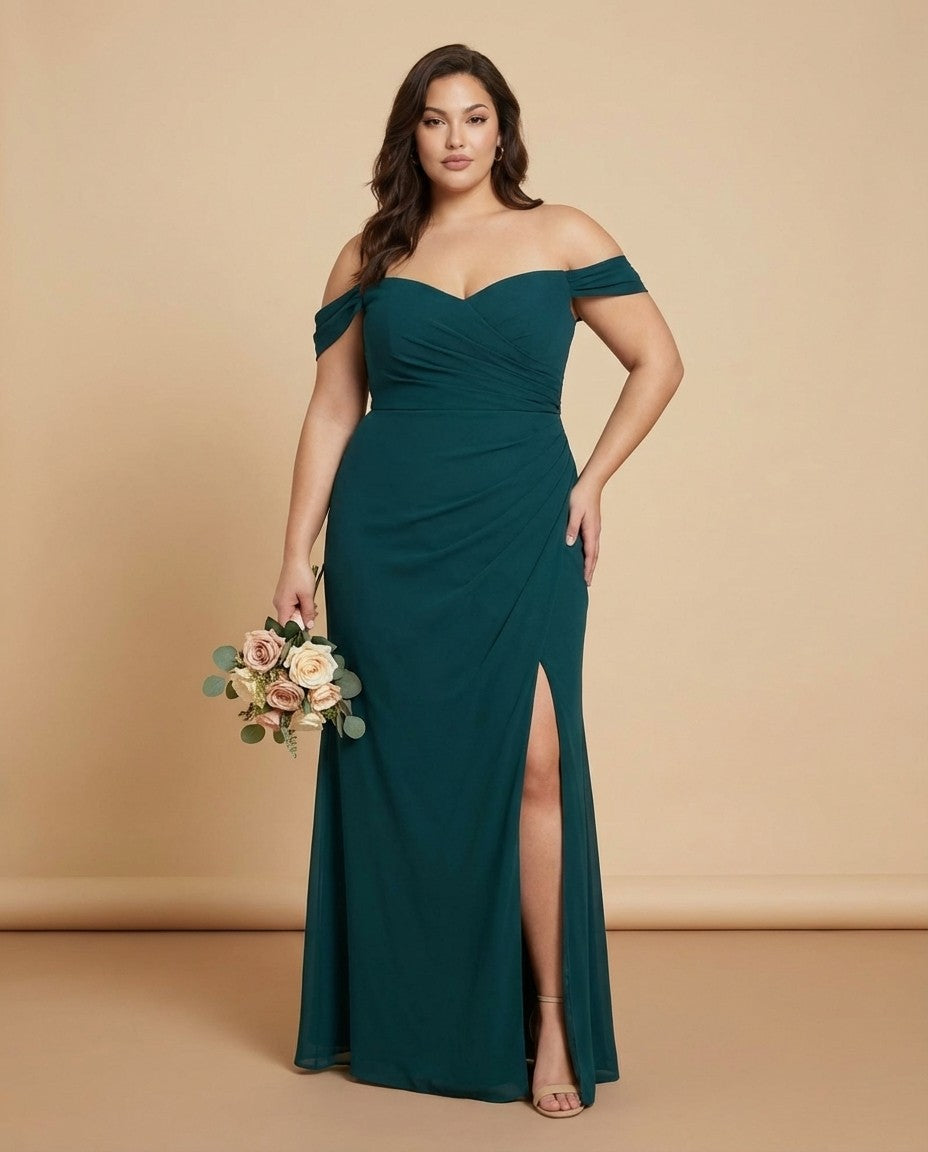 Elanthia Convertible Off-the-Shoulder Mesh Plus Size Bridesmaid Dress for Weddings - N0344