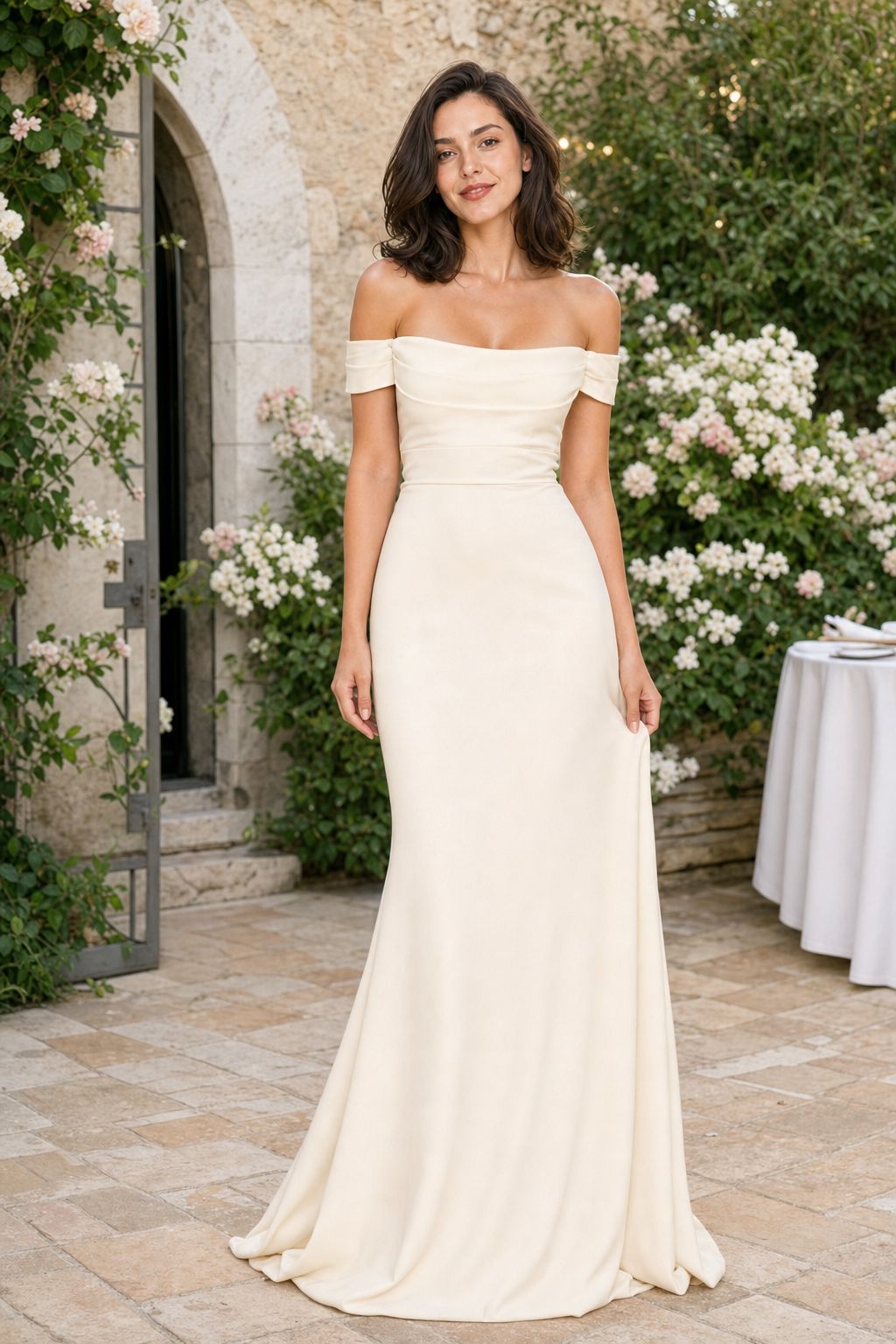 Plus Size Off Shoulder Ruched Bridesmaid Dress with Statement Back Bow