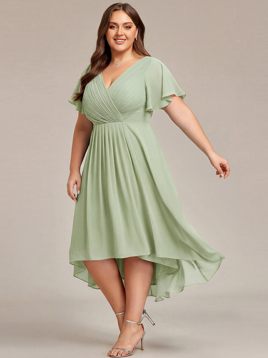 Plus Size Double V-Neck Ruffles Sleeve Chiffon Midi Wedding Guest Dress