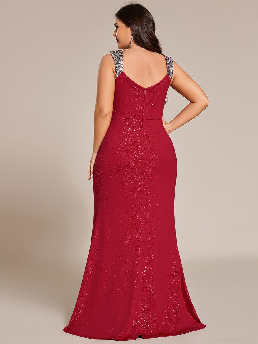 Plus Size Sequin Shoulder Strap Wedding Guest Dress with Side Slit