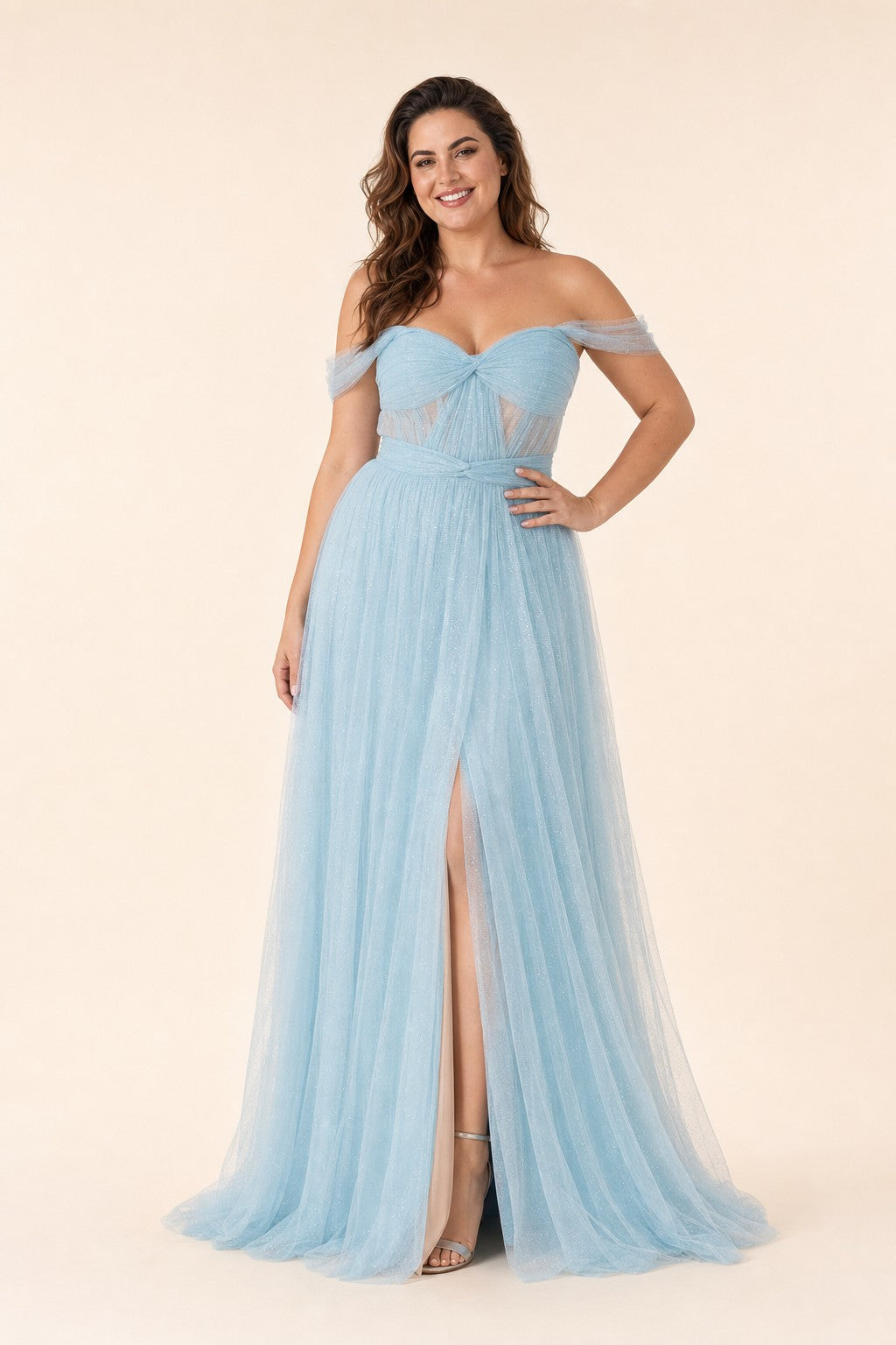Plus Size A-Line Tulle Bridesmaid Dress with Ruched Slit Detail