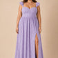 Plus Size A-Line Bridesmaid Dress with Floral Burnout Fabric Ruched Bodice and Slit Detail