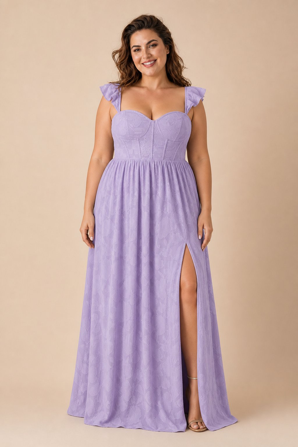 Plus Size A-Line Bridesmaid Dress with Floral Burnout Fabric Ruched Bodice and Slit Detail