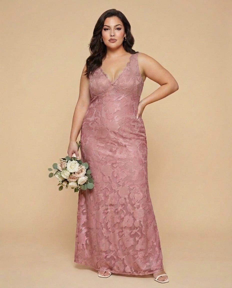 Silvarelle Romantic Floral Burnout Lace Plus Size Bridesmaid Dress for Weddings - N0352