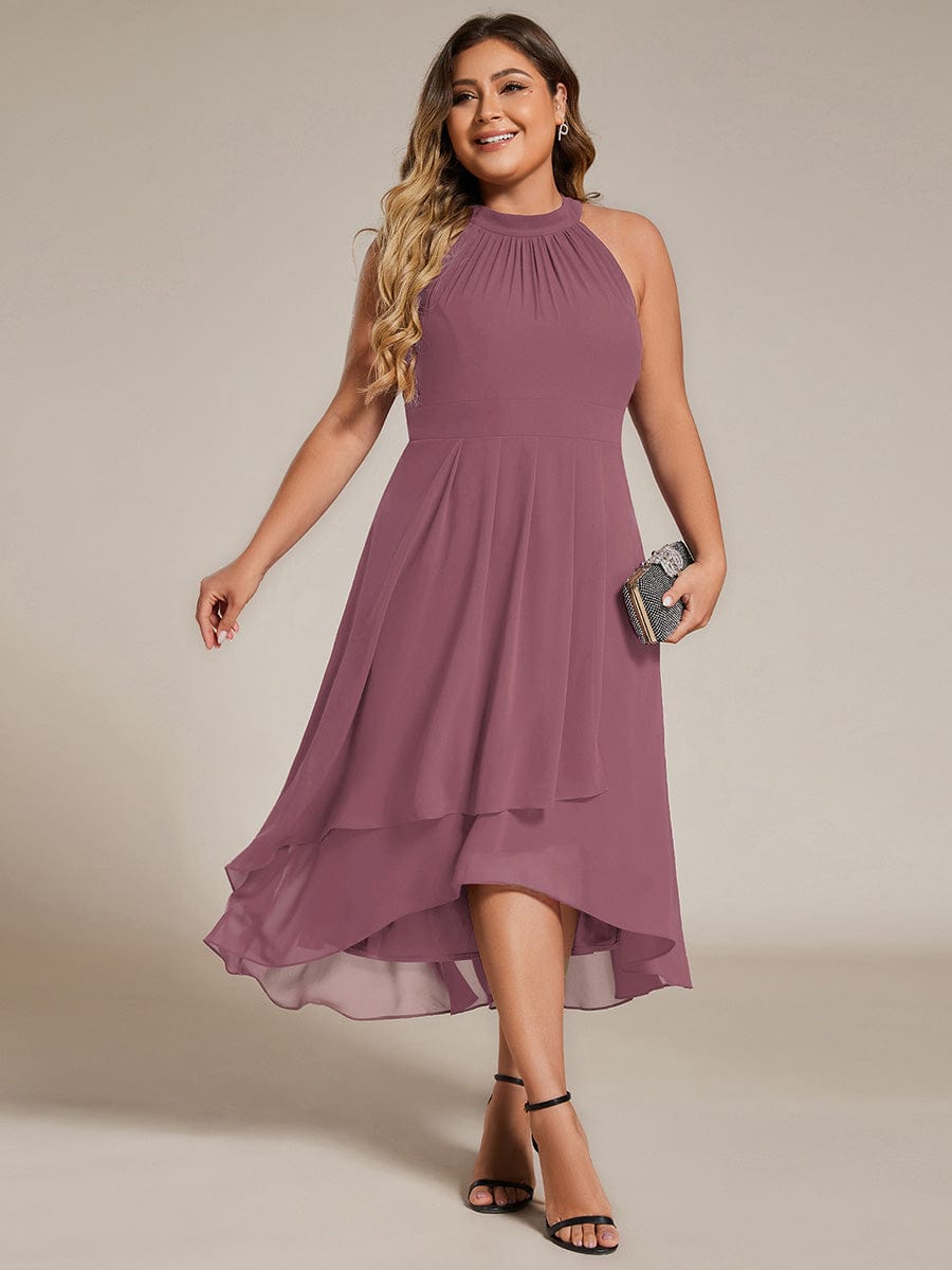 Flowy Plus Size Halter Neck Chiffon Midi Wedding Guest Dress