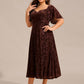 Plus Size Printed Velvet A-Line Short Sleeve Tea Length Wedding Guest Dress